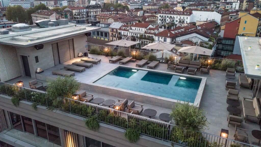 Rooftop hotel pool overlooking the city