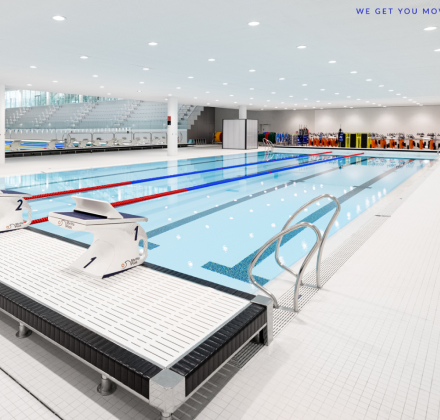 Competition swimming pool with movable floor