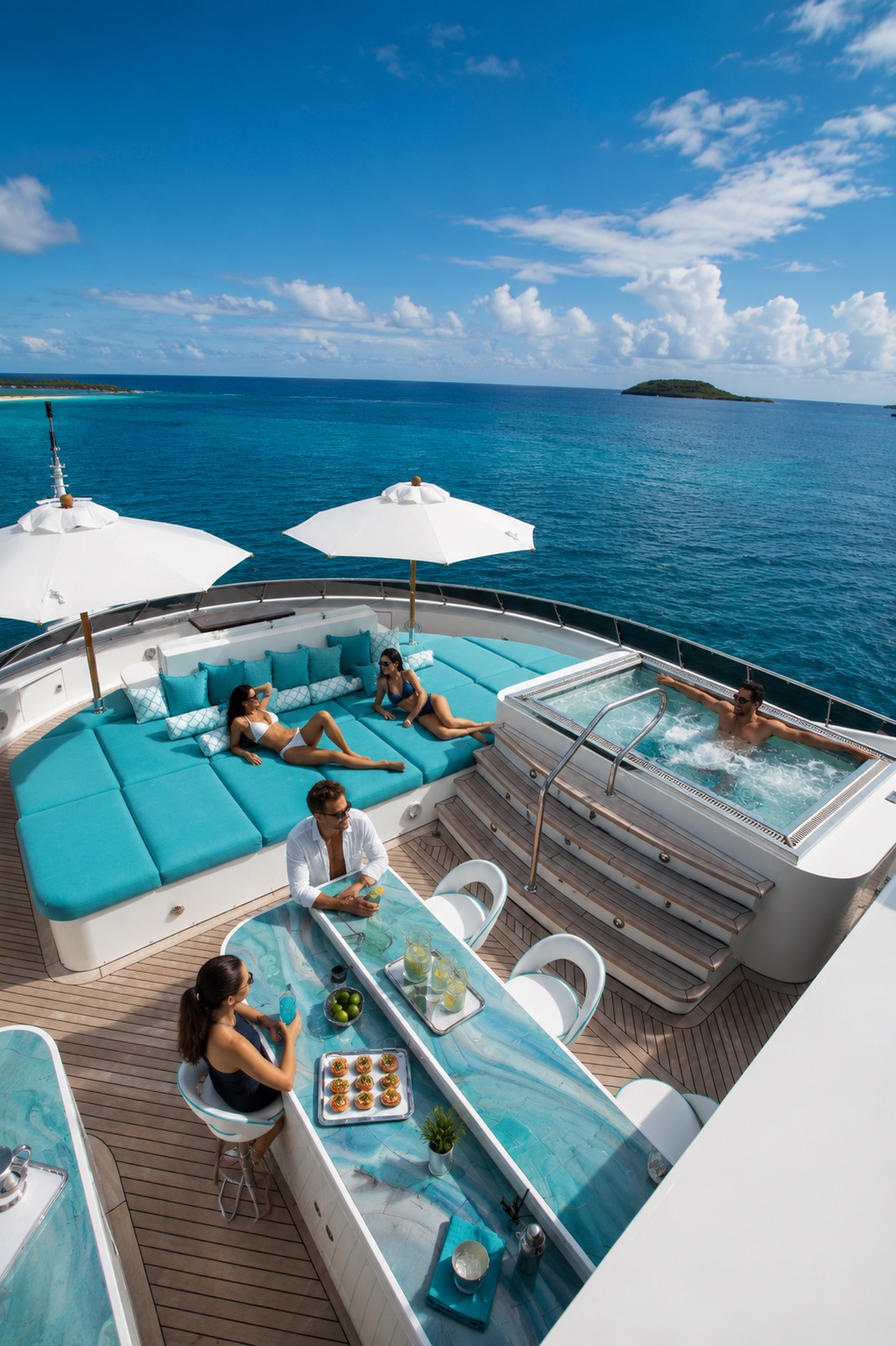 Sun deck of a yacht with a pool at sea